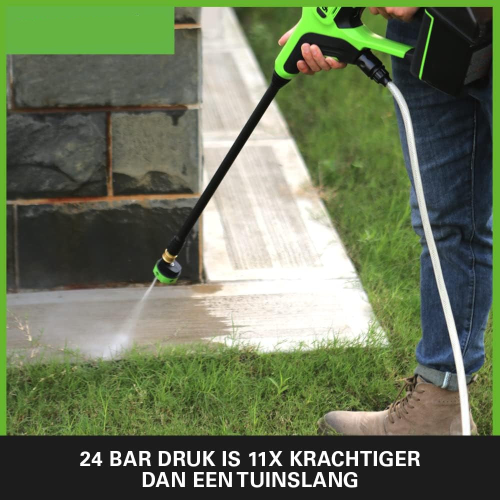 Draadloze Hogedrukreiniger – Accu Drukspuit – Mobiele Hogedrukspuit – Krachtige Schoonmaker – Tuinspuit – 24V Li-Ion Accu – 24 Bar Druk en 6 Meter Antiknikslang