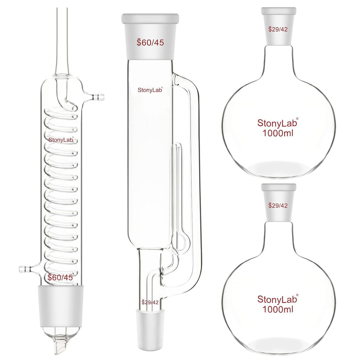 Soxhlet Extractie Kit – Soxhlet Opstelling – Extractieset – Laboratoriumopstelling – Glasopstelling – Borosilicaatglas Tot 250°C – 60/45 Extractor, Graham Condensor En 2x 1000 Ml Platbodemkolven