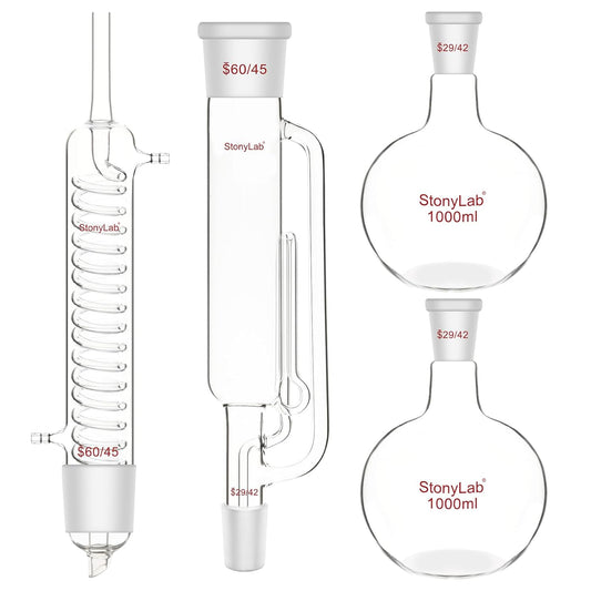 Soxhlet Extractie Kit – Soxhlet Opstelling – Extractieset – Laboratoriumopstelling – Glasopstelling – Borosilicaatglas Tot 250°C – 60/45 Extractor, Graham Condensor En 2x 1000 Ml Platbodemkolven