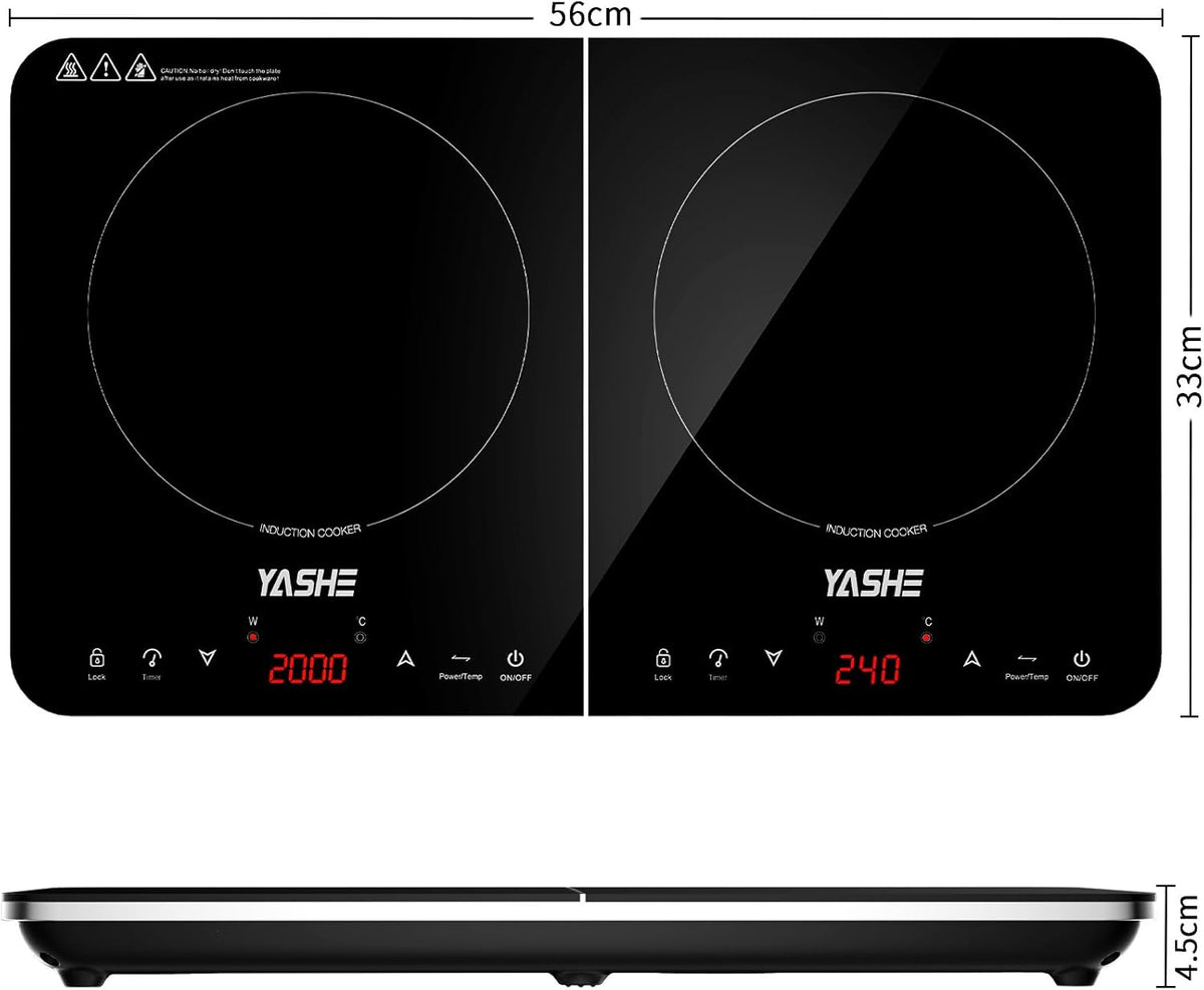 YASHE Inductie 2 Schijven - 2-pits inductiekookplaat, 10 vermogens en 10 temperatuurstanden (60-240°C), 3500 Watt inductie 2 schijven, 4 uur timer, kinderslot, eenvoudig te reinigen