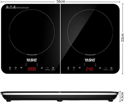 YASHE Inductie 2 Schijven - 2-pits inductiekookplaat, 10 vermogens en 10 temperatuurstanden (60-240°C), 3500 Watt inductie 2 schijven, 4 uur timer, kinderslot, eenvoudig te reinigen