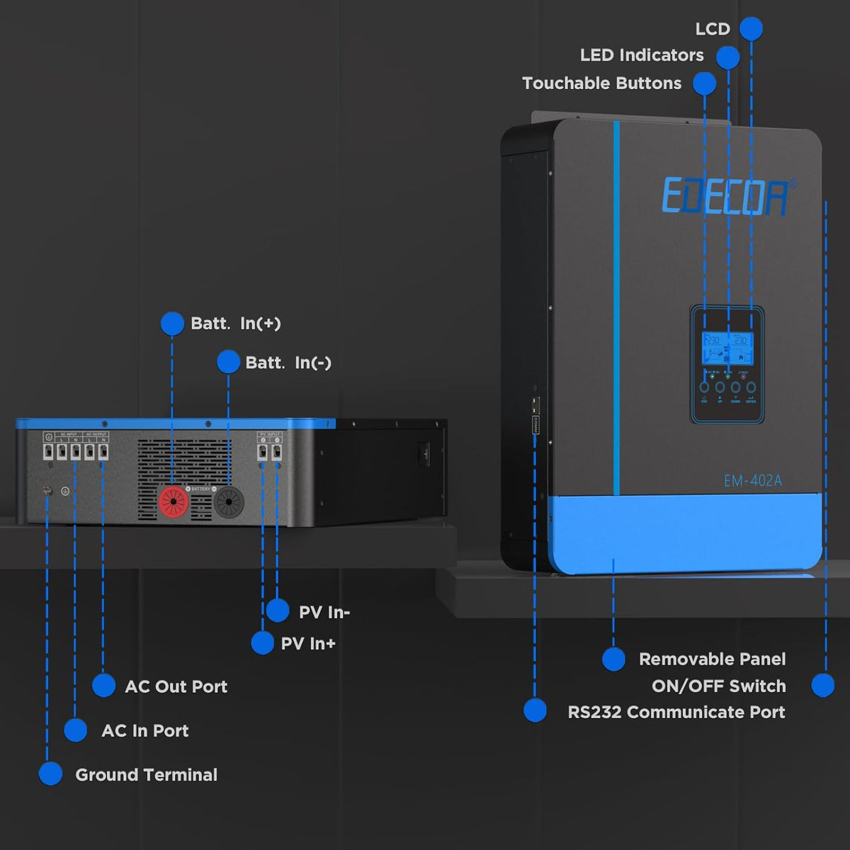 EDECOA Hybride omvormer 4000 W 24 V 230 V 4200 VA zonne-oplader MPPT 110A Pure Sinus 55-450Vdc Off-Grid BMS communicatie batterijlader netprioriteit zonne-laadregelaar (WiFi-compatibel)