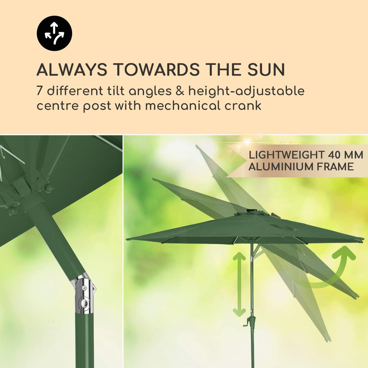 blumfeldt Calais Parasol, 300 x 265 cm, in hoogte verstelbare en opvouwbare tuinparasol, met ledverlichting op zonne-energie en uv-bescherming, waterdichte zonwering voor balkon, terras en tuinscherm