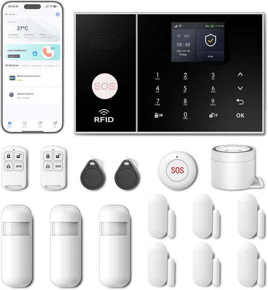 PGST Home Alarmsystemen, Alarmsysteemkit met telefoonwaarschuwing (ondersteuning 2.4G Wifi), 4G SIM-alarmsirene, deur-/raamsensoren, afstandsbedieningen, werken met Alexa, voor huis, appartement,