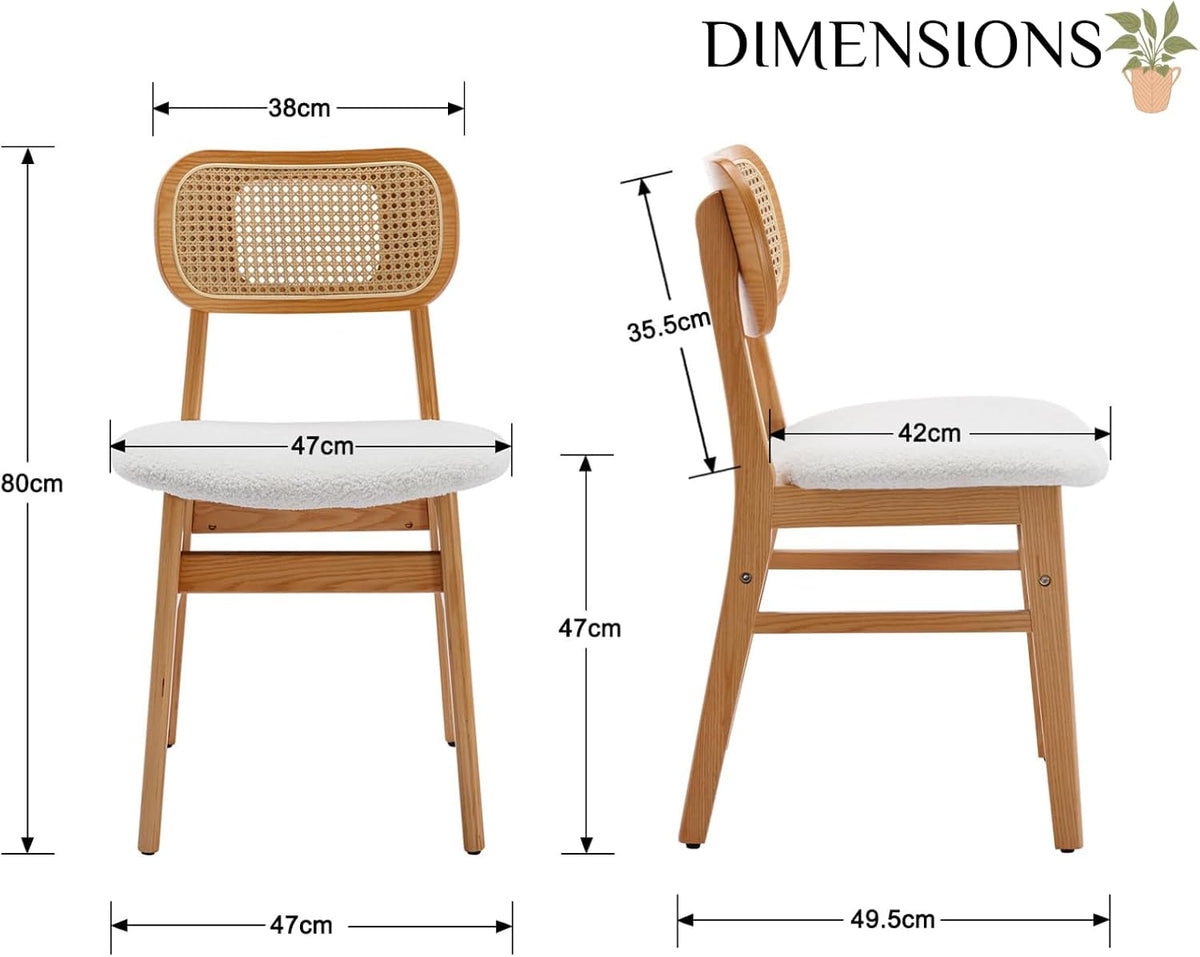 Rotan Eetkamerstoelen – Keukenstoelen – Zijden Stoelen – Side Chairs – Beige Variant – Ademend Rotan Rugleuning – Zachte Kunstbont Zitting - QUORE