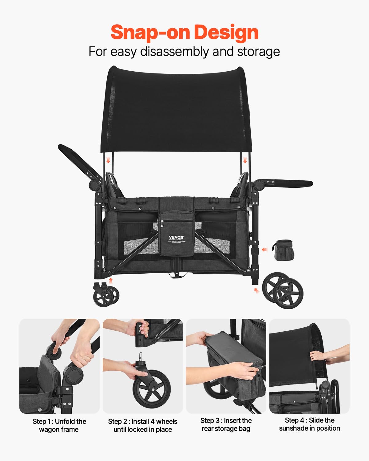 VEVOR Wagon Kinderwagen voor 4 kinderen, Push Pull Quad Opvouwbare Kinderwagen met Verstelbare Handvat, Veiligheidsharnas & Afneembare Luifel, 4-zits Kinderwagen voor Camping, Donkergrijs & Zwart (350