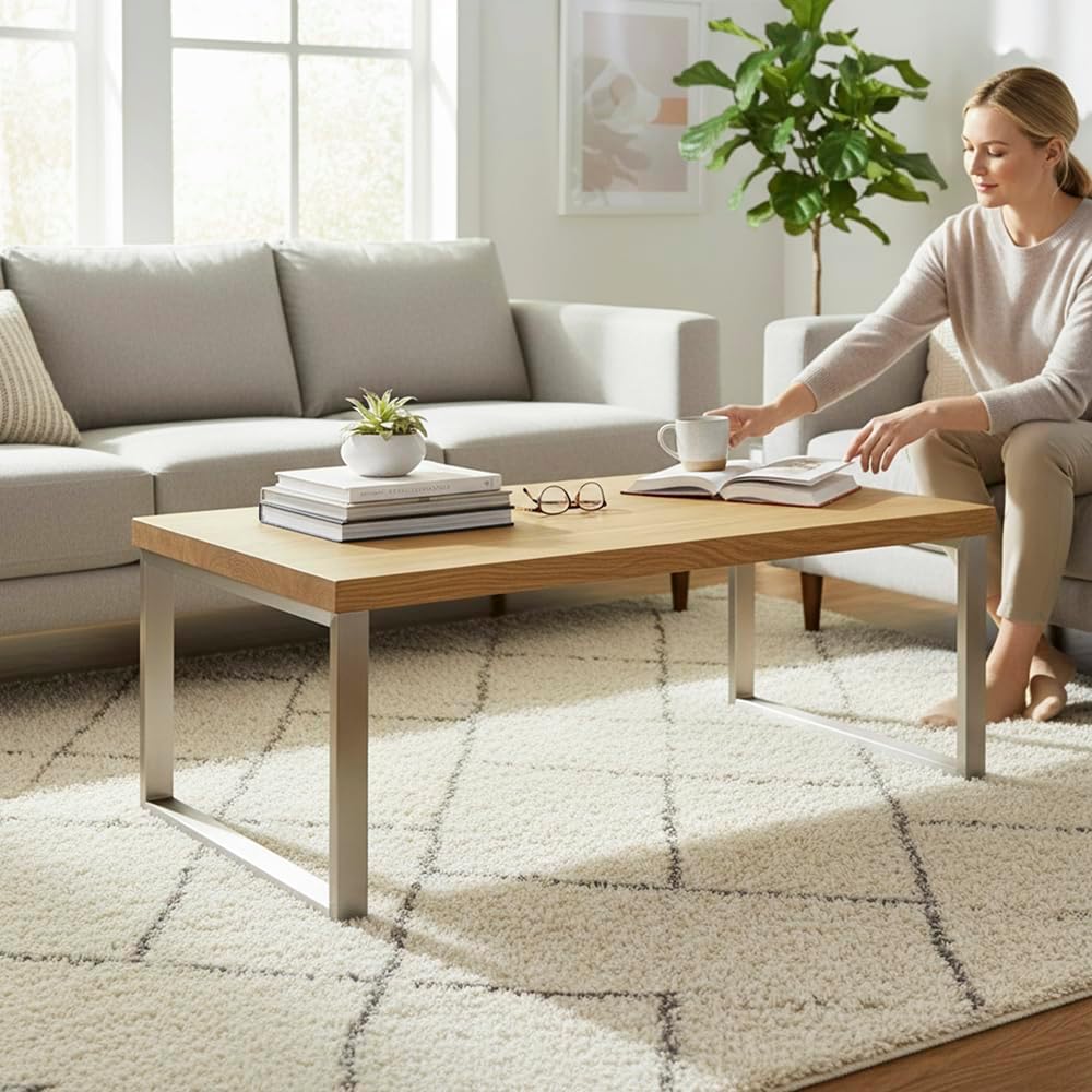 HAKU Salontafel roestvrijstaal look, eiken, Echt houtfineer, MDF, metaal, honingraatpaneel - Maat: B 100 cm x H 38 cm x D 60 cm, Stijl: Modern