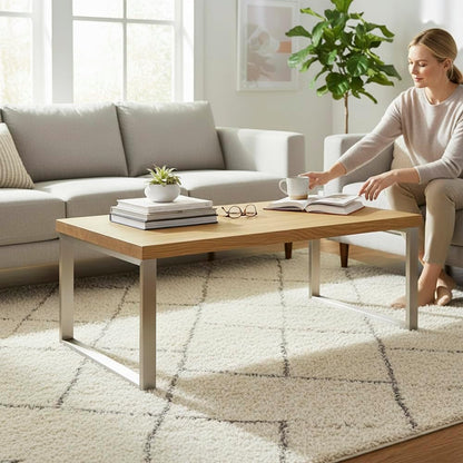 HAKU Salontafel roestvrijstaal look, eiken, Echt houtfineer, MDF, metaal, honingraatpaneel - Maat: B 100 cm x H 38 cm x D 60 cm, Stijl: Modern