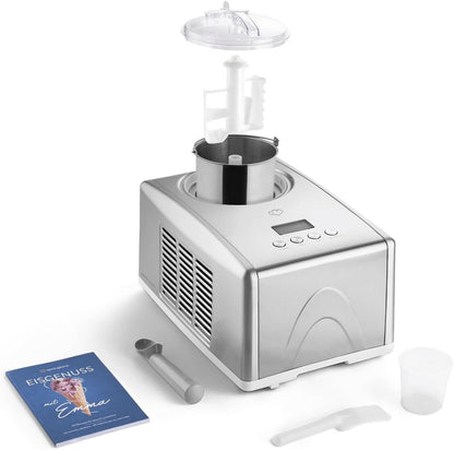 Springglanse ijsmachine Emma 1,5 l met zelfkoelende compressor 150 W, ijsmachine van roestvrij staal met uitneembare ijshouder, incl. receptenboekje