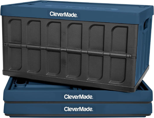 CleverMade Collapsible Storage Bins with Lids - Ocean 3 Pack 62L - Plastic Containers Stackable Organization Crates Home Closet Space-Saving Durable