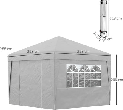 Outsunny Tuinpaviljoen, pop-up, opvouwbaar, paviljoen, partytent, 3 x 3 m, uv-bescherming 30+, met ramen, zijwanden, transporttas, zandzakken, grijs