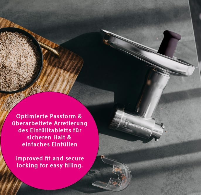 Kitty Professional vleesmolen “Shredder Pro 2.0” roestvrij staal incl. geperforeerde schijven, mes, worsthoorn, deeghulpstuk compatibel met Kitchen Aid, ideaal voor vlees en groenten