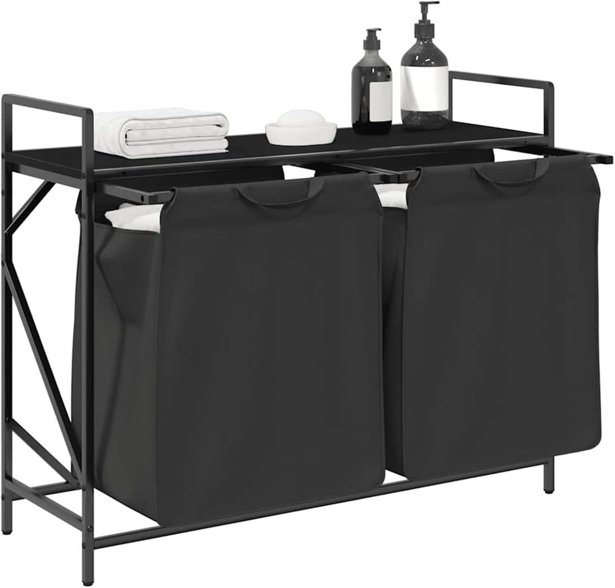 Wasmand – Laundry Basket – Wasbox – Wasopberger – Waszakken – Met Twee Compartimenten – Bovenste Opbergrek – Zwart Stalen Frame – Eiken Houtlook