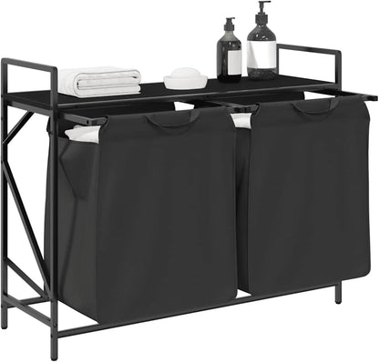 Wasmand – Laundry Basket – Wasbox – Wasopberger – Waszakken – Met Twee Compartimenten – Bovenste Opbergrek – Zwart Stalen Frame – Eiken Houtlook
