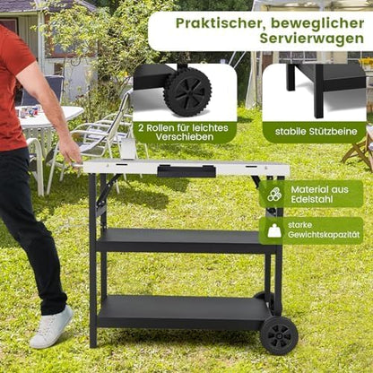 Grilltafel met 3 planken, grillwagen met verstelbare plank, telefoonstandaard, kruidenrek, handdoekhouder, zakdoekhouder en haken, outdoor serveerwagen bijzettafel