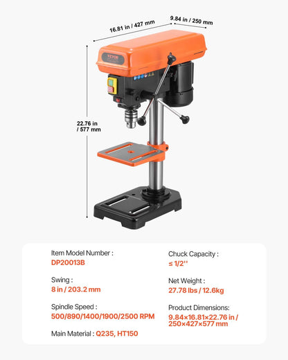 VEVOR Kolomboormachine met 500 W inductiemotor, instelbare snelheid 500/890/1400/1900/2500 omw/min, werkblad kantelbaar van 0 tot 45 graden, 203,2 mm voor hout en metaal