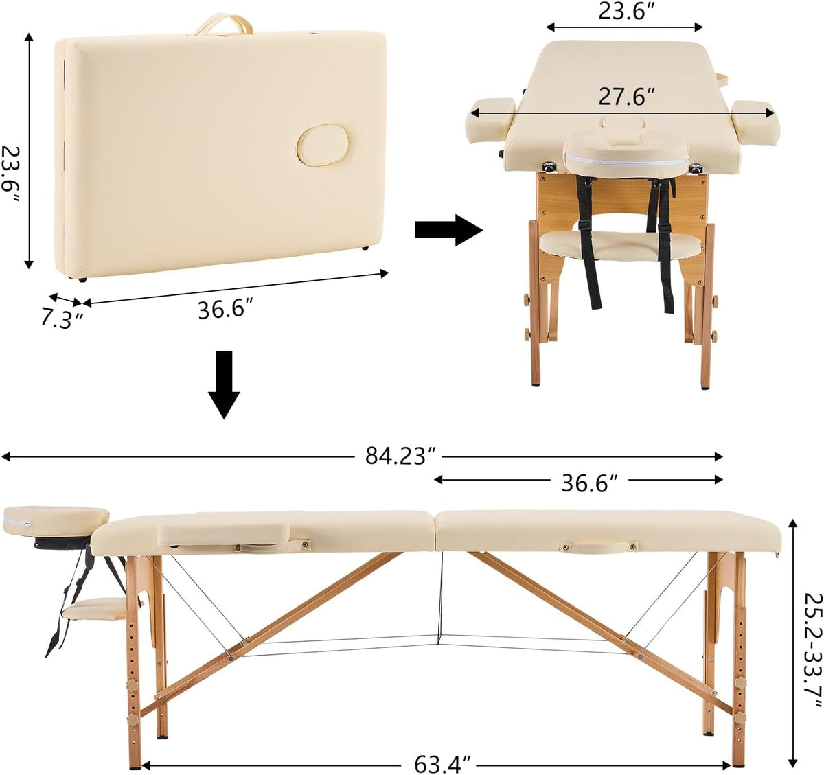 YOUNIKE Professionele opvouwbare massagetafel, 60 cm, breedte, esthetisch, professioneel, hout, verzorgingstafel, tattoo, armleuningbed, massage, tafel, wimpers, draagbaar, 2 secties, beige