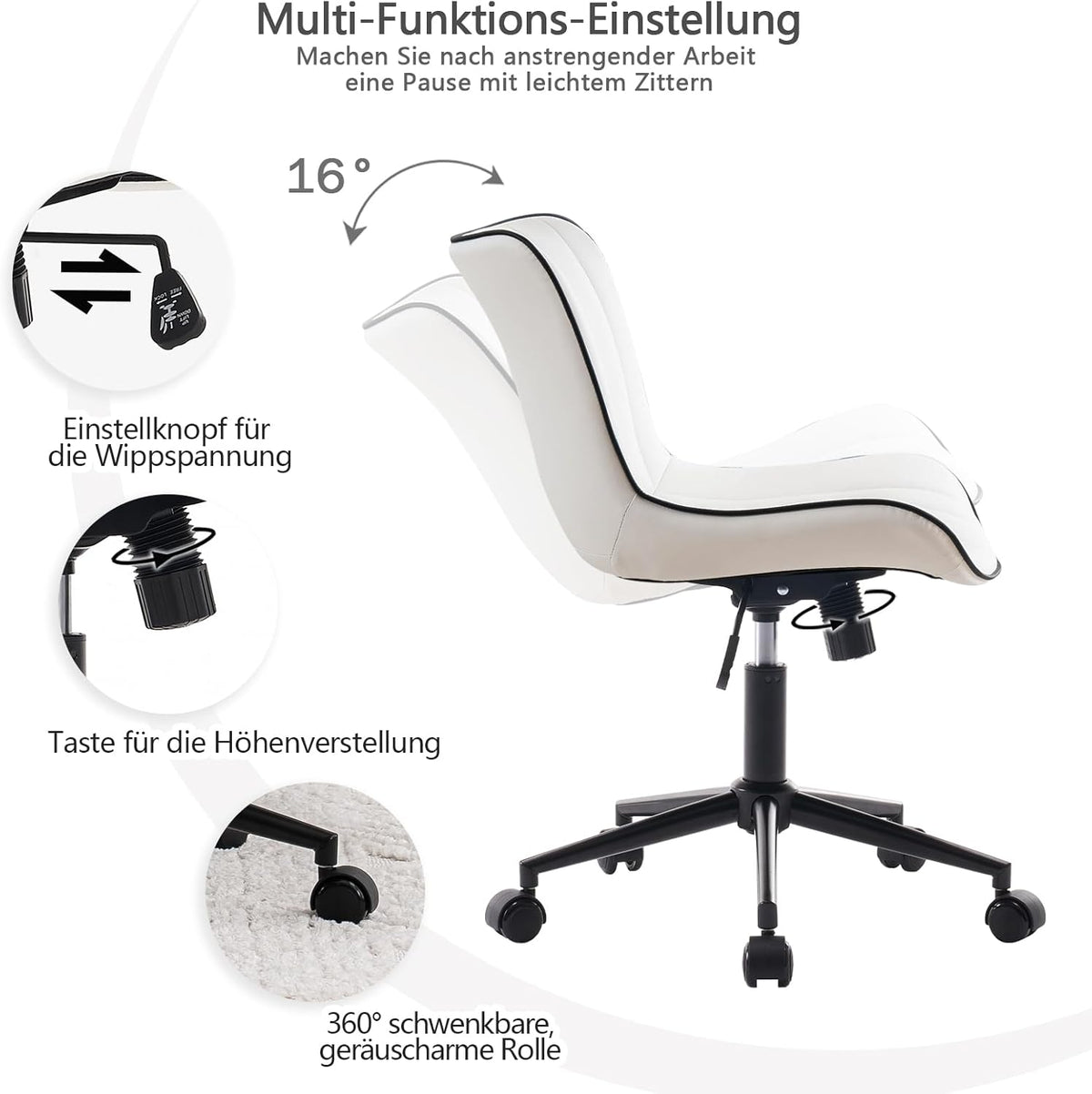 YOUTASTE Bureaustoel, ergonomisch, in hoogte verstelbaar, stoel met PU-leer en wielen, draaistoel, kantelfunctie, computerstoel, 136 kg belastbaar, wit