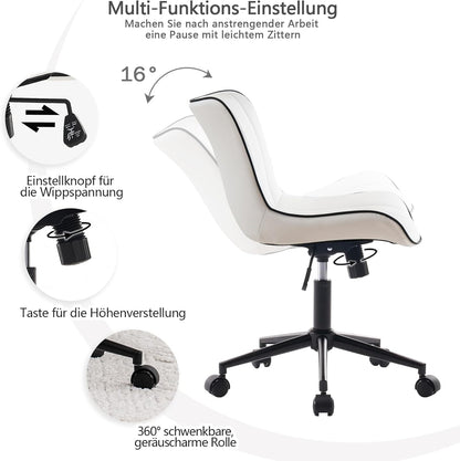 YOUTASTE Bureaustoel, ergonomisch, in hoogte verstelbaar, stoel met PU-leer en wielen, draaistoel, kantelfunctie, computerstoel, 136 kg belastbaar, wit