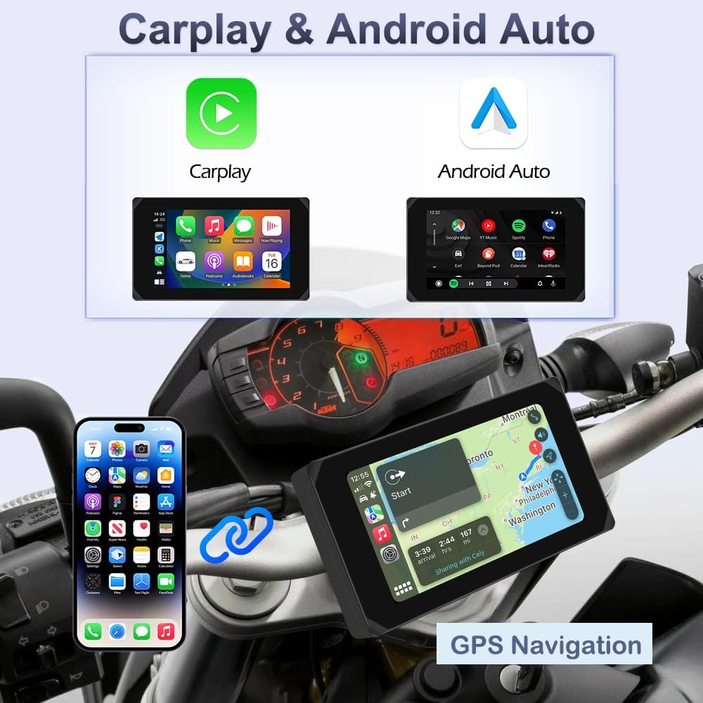 VSYSTO Motorfiets Carplay Scherm, Draadloze Carplay en Android Auto, GPS Navigatie, Parkeermonitoring, Bandenspanningssensoren, 5-Inch WiFi Dashcam 1080P Voor- en Achtercamera (CS5PRO)