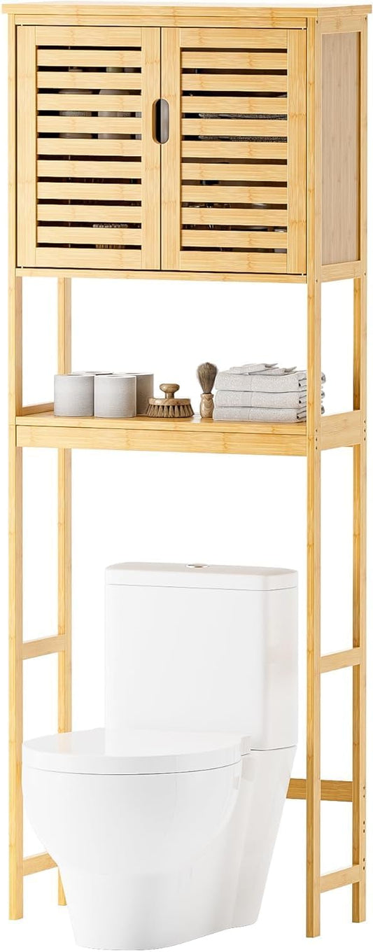 Boven het Toilet Kastje – Badkamerkast – Opbergkast – Toiletrek – Bamboe Kast – Verstelbare Planken – Ruime Opbergruimte 175 cm Hoog - QUORE