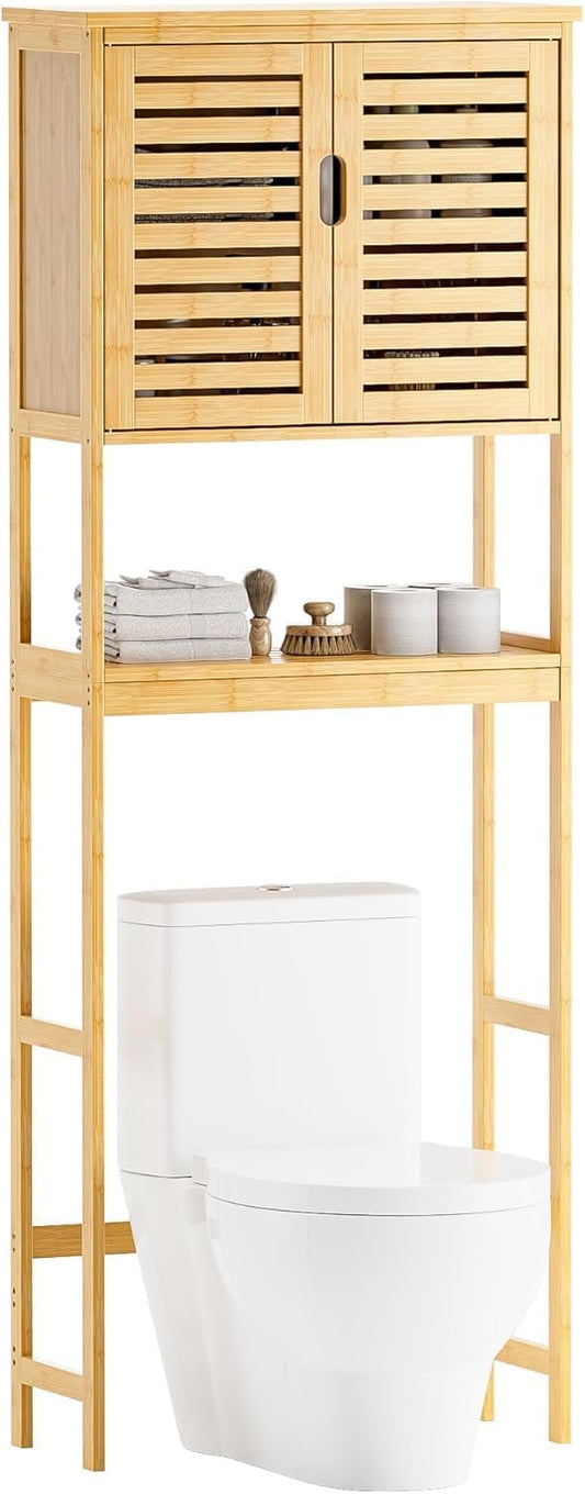 SMIBUY Badkamer boven het toilet opbergkast, 2-deurs bamboe kast organizer, vrijstaand ruimtebesparend toiletrek met verstelbare binnenplank en open plank (natuurlijk)