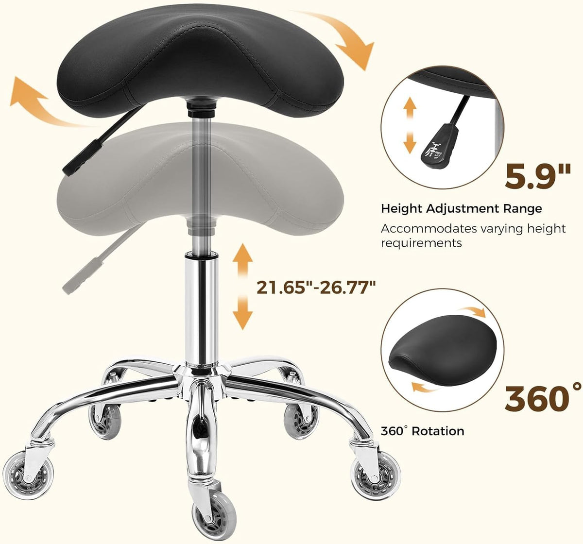 BEWISHOME Ergonomische Zadelkruk met Wieltjes, Hydraulisch in Hoogte Verstelbaar, Groot Zitkussen, Kapsalons, Schoonheidssalons, Massageklinieken en Spa's (Zwart)