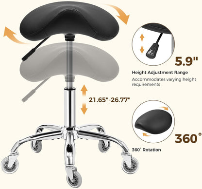 BEWISHOME Ergonomische Zadelkruk met Wieltjes, Hydraulisch in Hoogte Verstelbaar, Groot Zitkussen, Kapsalons, Schoonheidssalons, Massageklinieken en Spa's (Zwart)
