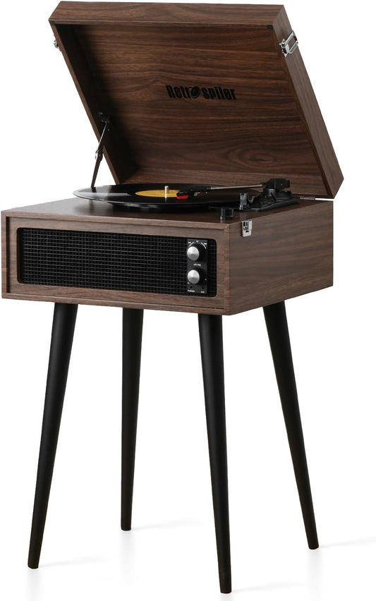 Draaitafel met Standaard – Platenspeler – Vinyl Speler – Retro Platenspeler – Muziekspeler – Espresso Houtlook – 3 Snelheden – Bluetooth, USB-Recorder en Ingebouwde Speakers