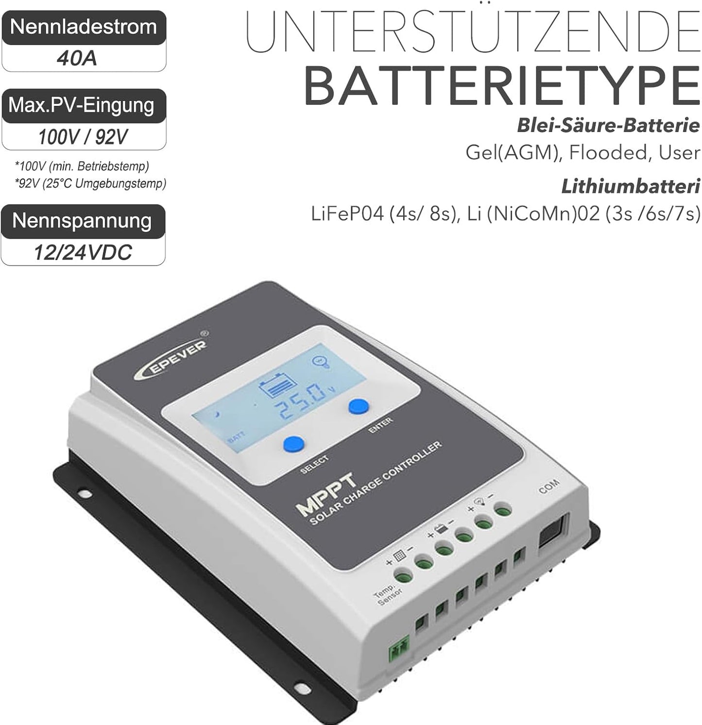 EPEVER® MPPT Tracer-AN G3 – Tracer4210AN G3 Zonnelaadregelaar, 40A, 12/24VDC auto work, PV 100V, LCD Display, Gemeenschappelijke negatieve aarding