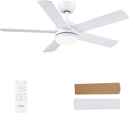 CJOY Plafondventilator met verlichting, 107 cm, wit/hout, plafondventilator, verlichting met afstandsbediening, stil, 3 CCT naar keuze, 5 bladen, omkeerbaar, plafondventilatoren met licht voor