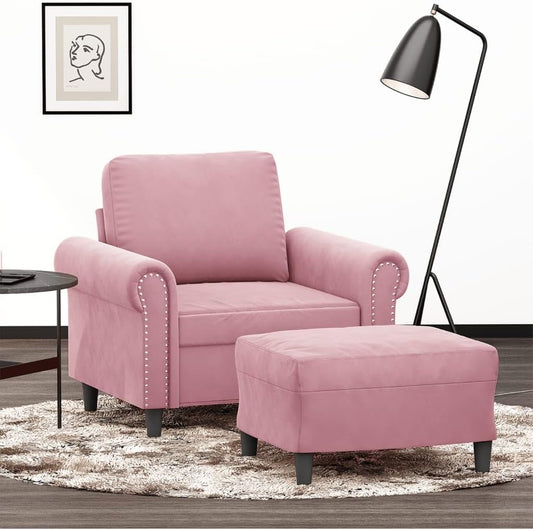 Fauteuil met kruk roze 60 cm fluwelen gestoffeerde stoel relaxstoel comfortabel ontspannen modern design duurzaam velours robuust frame veelzijdige voetenbank compact