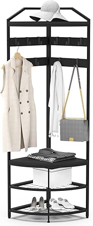 VEDECASA Coat Rack Metal Corner Wardrobe, Hallway Tree, Freestanding Clothes Stand with 12 Movable Hooks and Storage Rack for Hallway, Living Room, Bedroom, Office, Hallway, Entrance, Black - QUORE
