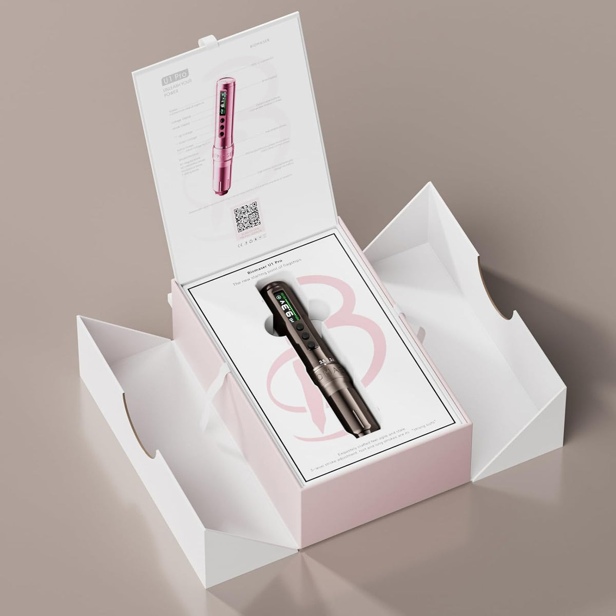 Biomaser U1 Pro Draadloze semi-permanente make-upmachine, zes slagen, instelbare draadloze pen met 2 1000 mAh batterijen, OLED-display voor semi-permanente make-up