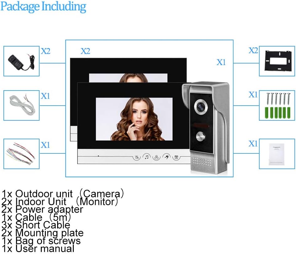 Video-intercomsysteem, 2 monitoren, videotelefoon, 7 inch, helder display voor thuis, videodeur, camera, nachtzicht, max. 100 meter