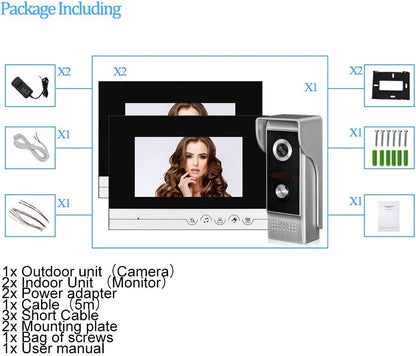 Video-intercomsysteem, 2 monitoren, videotelefoon, 7 inch, helder display voor thuis, videodeur, camera, nachtzicht, max. 100 meter