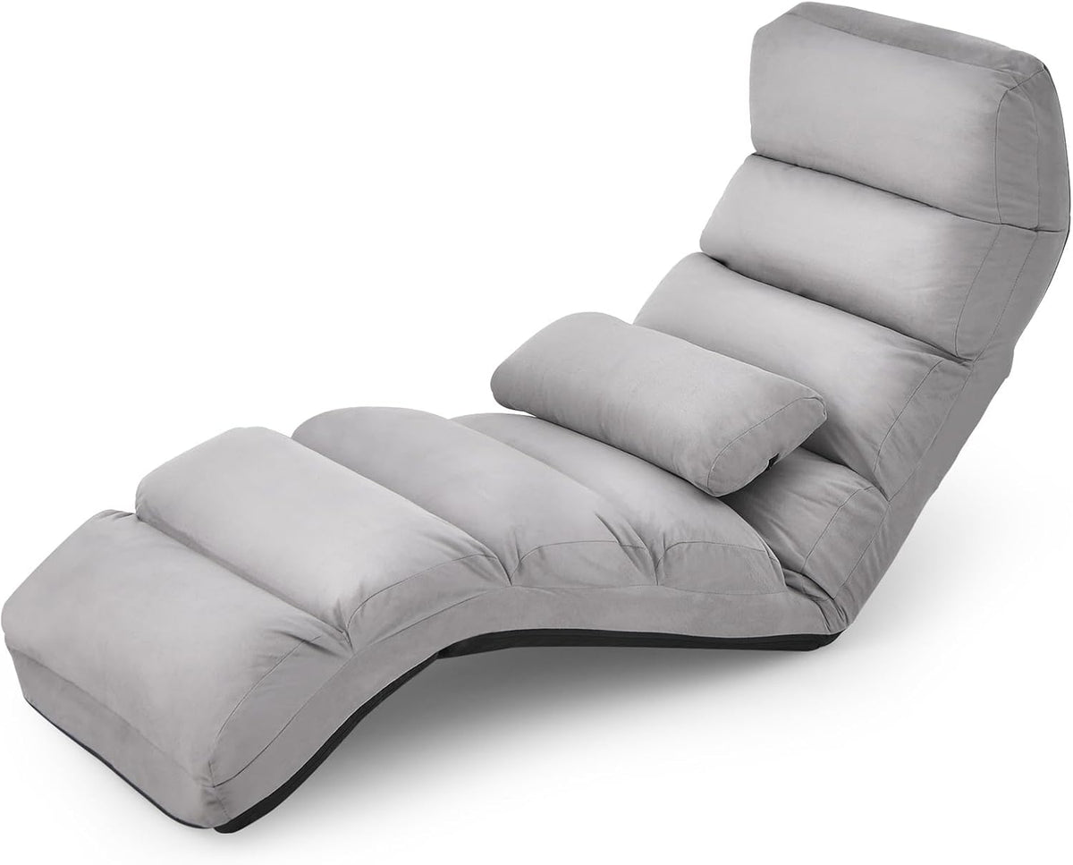 FANTASK Relaxstoel inklapbaar, vloerstoel met verstelbare rugleuning, vloerligstoel met slaapfunctie, vloerstoel voor gamen, slapen, lezen, grijs, extra breed