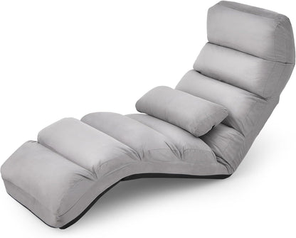 FANTASK Relaxstoel inklapbaar, vloerstoel met verstelbare rugleuning, vloerligstoel met slaapfunctie, vloerstoel voor gamen, slapen, lezen, grijs, extra breed