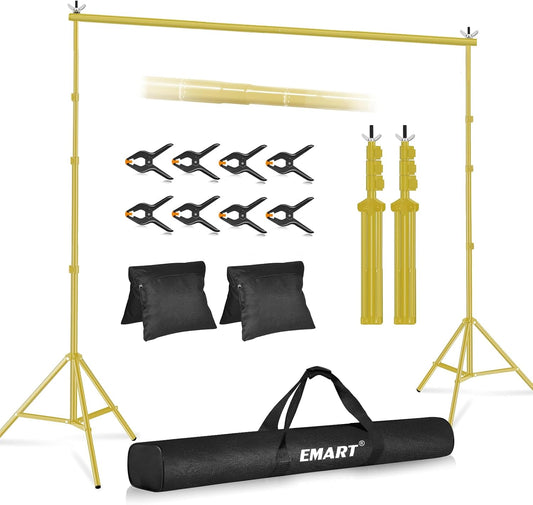 EMART Achtergrondstandaard 305 x 305 cm (B x H) verstelbare achtergrondstandaardset, 2 dwarsbalken, 8 klemmen, 2 zandzakken, draagtas voor feesten, decoratie, bruiloften en fotografie - titaniumgoud