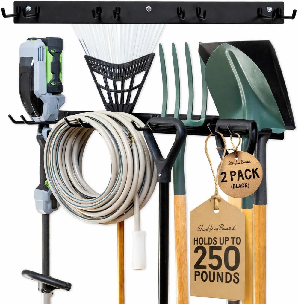StoreYourBoard Wandrek met 4 garagehaken - zware stalen houder voor garage- en tuinopslag voor schuur, werkplaats of thuisorganisatie - voor harken, schoppen, gereedschap en meer - 2 stuks, zwart