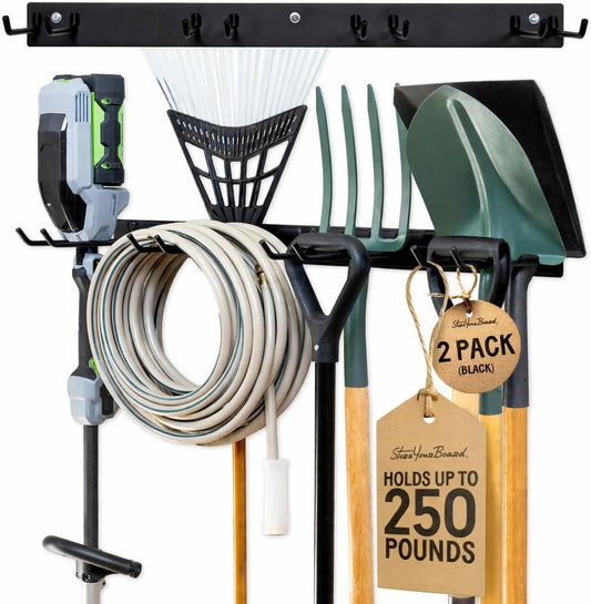 StoreYourBoard Wandrek met 4 garagehaken - zware stalen houder voor garage- en tuinopslag voor schuur, werkplaats of thuisorganisatie - voor harken, schoppen, gereedschap en meer - 2 stuks, zwart