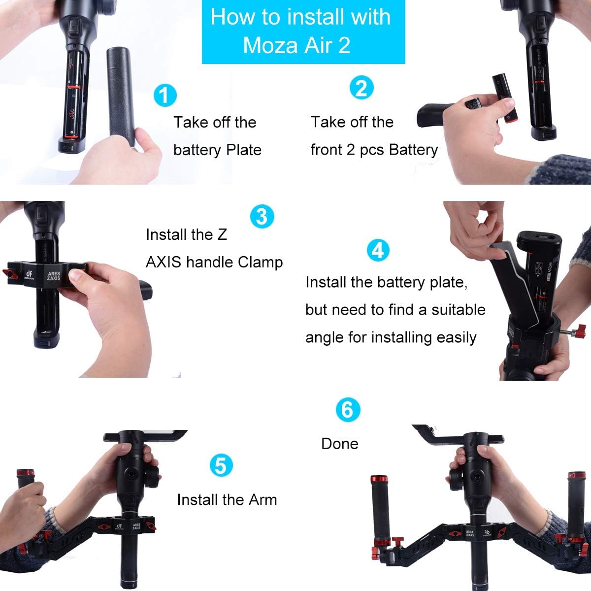 DF DIGITALFOTO ARES Z-as veer dubbele handgreep, flexibele demping afneembare dubbele handgreep gimbal, compatibel met ZHIYUN Crane 2 MOZA FEIYU DJI Ronin S/S2/RS3/RS3 Pro 3-assige gimbal