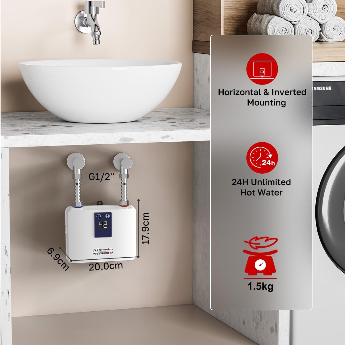 ThermoMate Mini doorstroomboiler elektrisch, 5,5 kW On Demand direct-warmwatervoorziening voor de wastafel, zelfmodulerend, energiebesparend, ruimtebesparend, zonder stekker