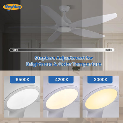 Newday Plafondventilator met verlichting en afstandsbediening, 153 cm, stille plafondventilator met lamp, grote plafondventilator, wintergebruik, wit, met 5 versnellingen, DC-motor, 3