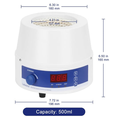 Labasics Elektrisch Verwarmingsmantel met Roerder, Regelbare Temperatuur en Snelheid, Digitale Weergave, voor Mengen, Reflux en Destillatie in Laboratorium, 220 V 250 W, 500 ml