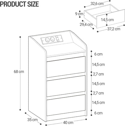 Hzuaneri Bedside Table Set of 2 with 3 Drawers, Side Table with Charging Base and LED, 2 AC Outlets and 2 USB Ports for Bedroom, Living Room, Black NS40104X