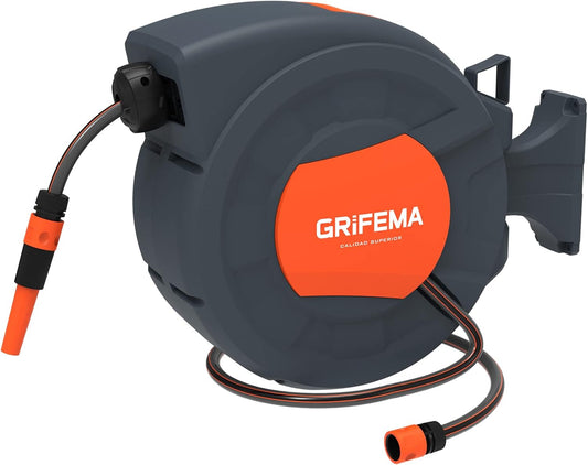 GRIFEMA G301-25 Persluchtslanghaspel, Slanghaspel met Automatische Oproller voor Perslucht Slang, 180 ° Muur Draaibaar, （Slang: 25m+1.5m）