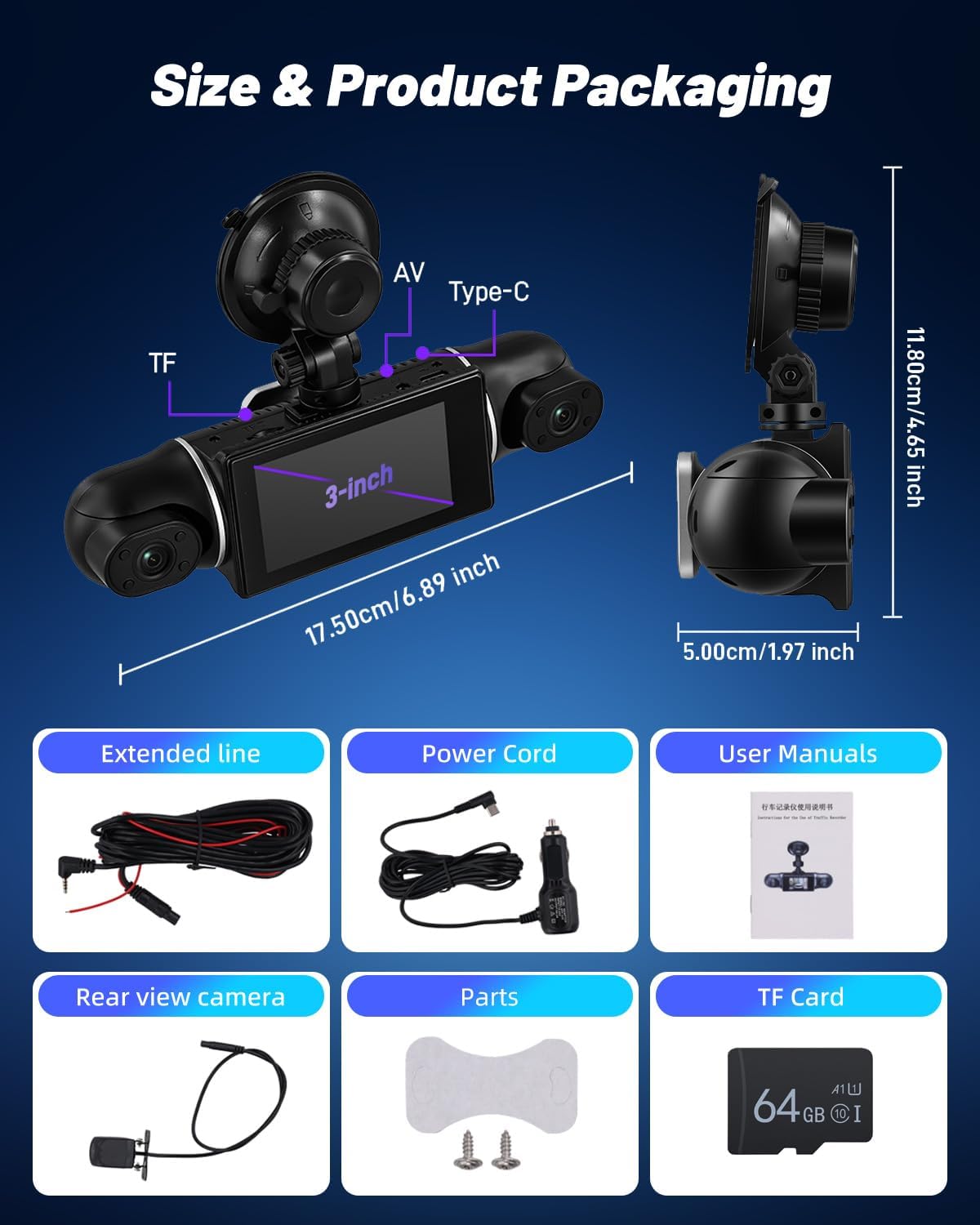 NHOPEEW 3 inch WiFi 2K Dashcam Auto DVR 4-kanaals 360° camera binnen links/rechts + achter 1080p nachtzicht, G-sensor, loop-opname