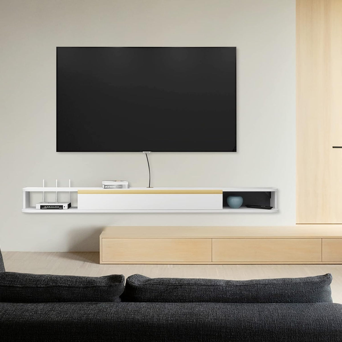 Zwevende tv-plank, wandgemonteerde zwevende tv, centrale entertainmentconsole, thuiskantoor, 120 cm, wit