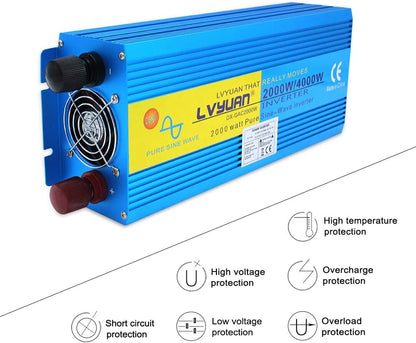 Pure Sine Wave Power Inverter 2000W DC 12V naar AC 240V converter met draadloze afstandsbediening & dubbele EU-stopcontacten voor RV Truck Car